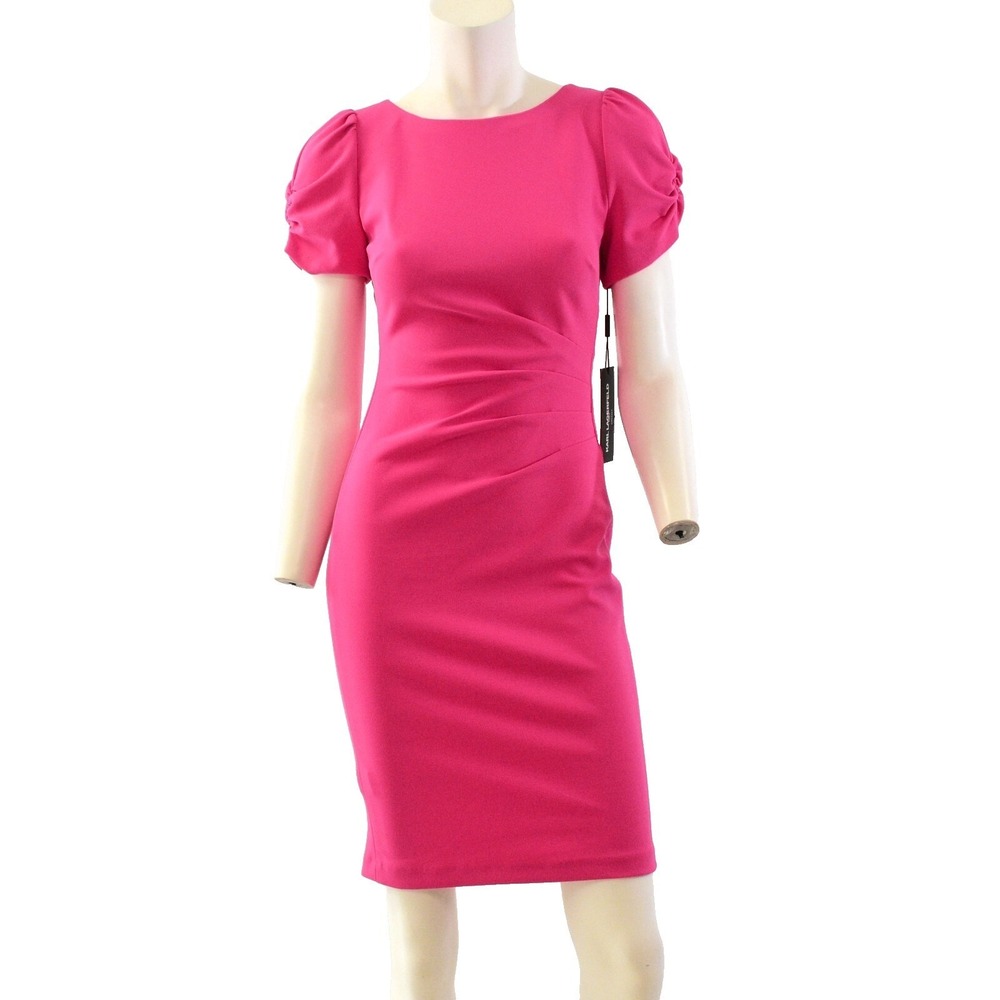 Karl Lagerfeld Hot Pink Bodycon Dress Puff Sleeve Ruched Womens 0 XS Pencil Mini